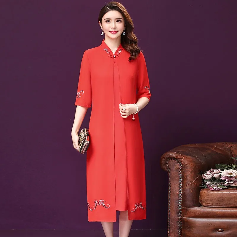 2021 Spring Summer Round Collar Embroidery Xxxl Women Dress New Style Simple Elegant Temperament Mother Female Two Piece Dresses | Женская