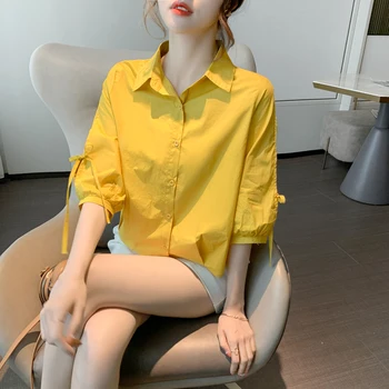 

COIGARSAM Chiffon blouse women New Spring blusas womens tops and blouses White Yellow 1162