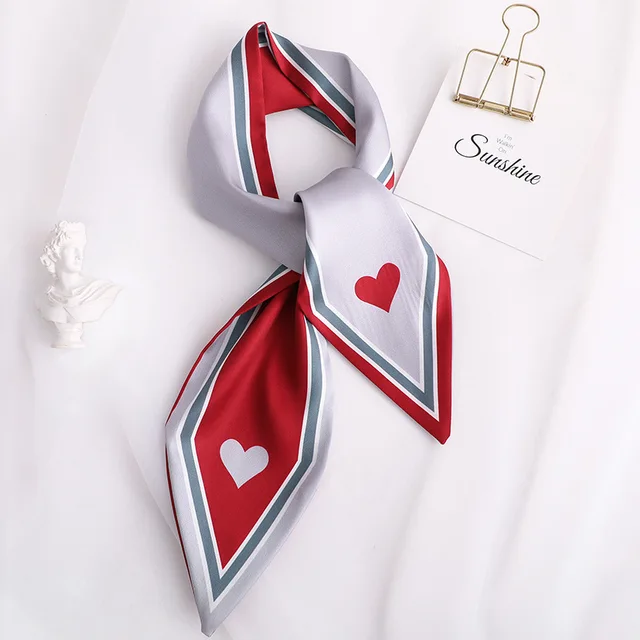 Sweet Love Print Women Small Silk Scarf Handle Bag Ribbons Female Head Scarves Sharp angle Green 90*10cm 30