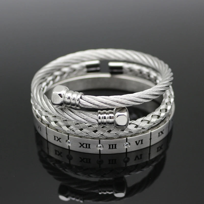 Top Quality 3PCS/Set Luxury Men Hexagon Bracelet Fashion Stainless Steel Roman Bangle Bracelet Men Trendy Jewelry Best Gift