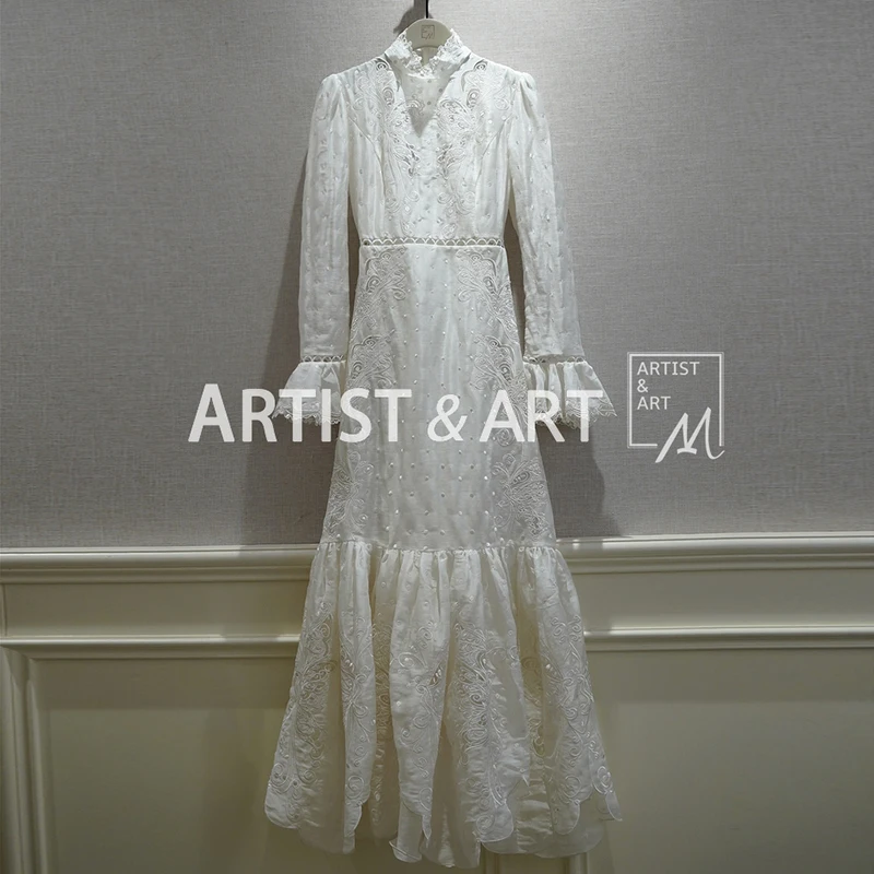 

Svoryxiu Runway Custom ~ Hollow Out Butterfly Embroidery Summer Party White Linen Mermaid Long Dresses Women's
