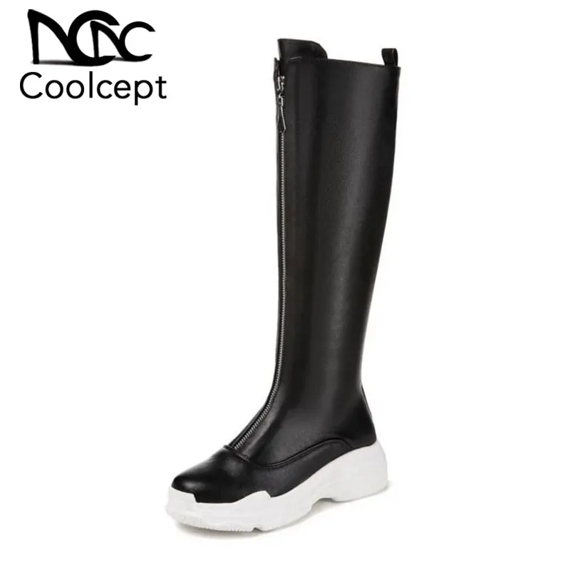 Женские черные сапоги CoolCept на платформе с молнией спереди зимние до колена