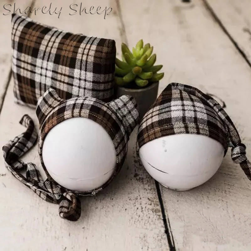 Baby Boy Plaid Hat+Pillow Set Photo Shoot Studio Posing Cap Newborn Photography Props Hat Infant fotografia Accessories