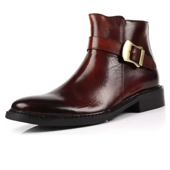 

British Mens Winter Buckle Pointed Toe Genuine Leather Dress Shoes High Top Motorcycle Biker Ankle Boots Office Man Work Shoes