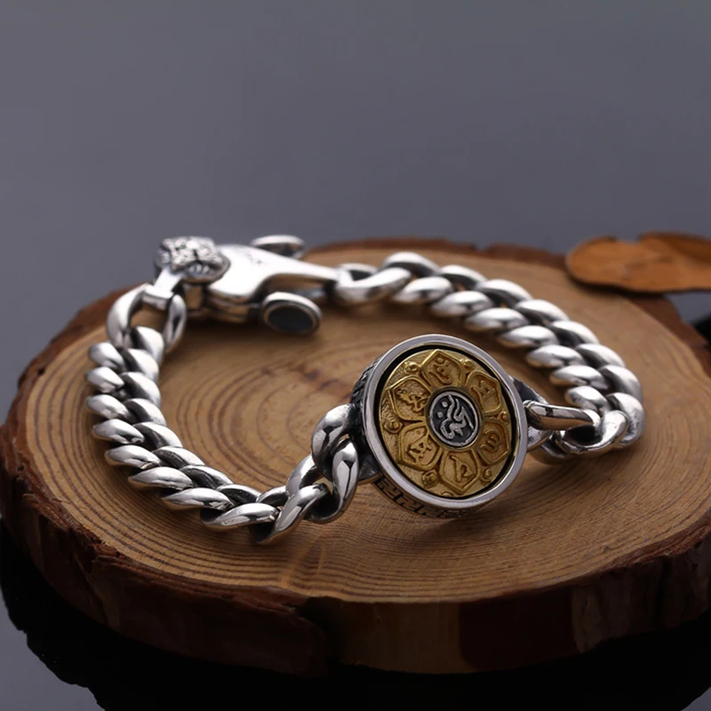 Стерлингового серебра 925 Браслеты буддистские шесть слов мантра вращающиеся ожерелья для женщин и мужчин Подарки для любимых Высокая польская бордюр