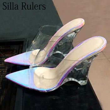 

Runway Clear Crystal Wedges Heels Sandals Woman Pointed Toe PVC High Heels Mules Woman 2020 New Summer Slip On Gladiator Sandals