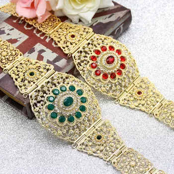 

Sunspicems Red Green Crystal Moroccan Caftan Belt for Women Gold Silver Color Metal Link Chain Ethnic Wedding Dress Jewelry Gift