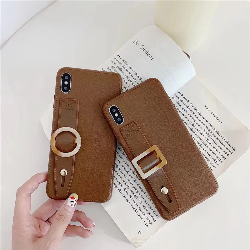 Jade buckle wrist strap phone case for iphone 11 Pro Max cover brown wristband holder xr xs max x 7 8 6 6s plus coque |