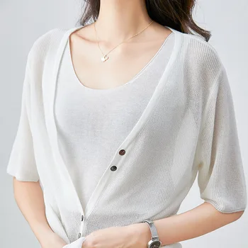 

New Lady Slim Short Button Cardigan Solid Color Short Sleeve Hollow Top gray