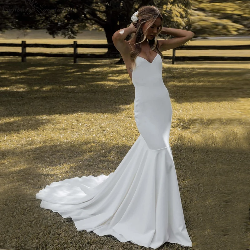 

Simple Boho Wedding Dresses for Women Mermaid 2022 Spaghetti Backless Crepe Bridal Gowns Beach Bride Dress Vestido De Noiva
