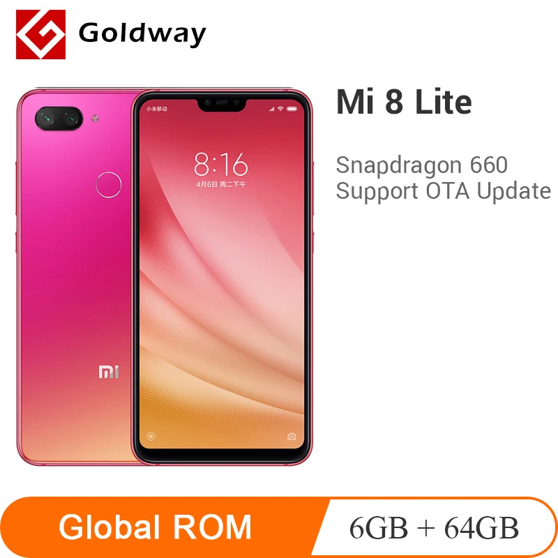 Мобильный телефон Xiaomi Mi 8 Lite, 6 ГБ ОЗУ, 64 Гб ПЗУ, Восьмиядерный процессор Snapdragon 660, фронтальная камера 24 МП, 6,2" 19:9, полный экран