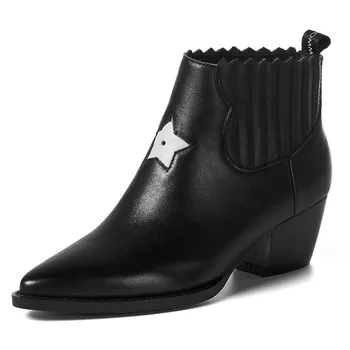 

New Chunky Heel Star Leather Chelsea Boots Ankle Booties Fall Pleated Pointed Short Tube Slip-On Women Shoes 5cm Botines Mujer