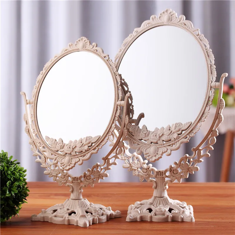 

Desktop Beige Makeup Mirror Rotatable Double-Sided Beauty Vanity Mirror Oval Heart Shape Rose Sculpture Beauty Bathroom Mirror