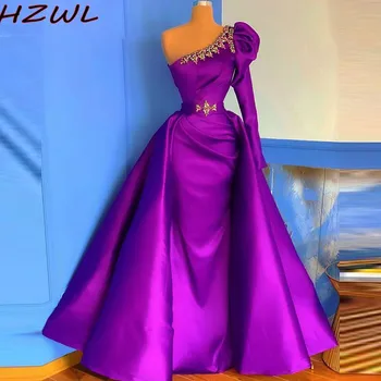 

Purple Crystals Mermaid Evening Dresses With Detachable Train One Shoulder Overskirts Prom Dress robe de soirée Women Formal