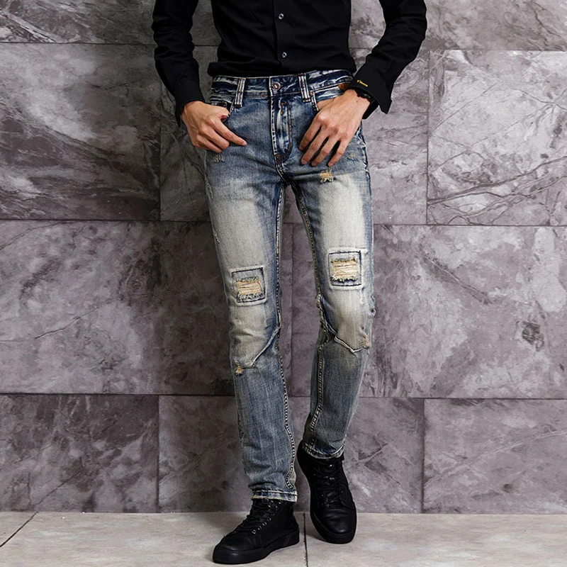 

Fashion Streetwear Men Jeans High Quality Slim Fit Destroyed Ripped Jeans Men Spliced Designer Denim Pants Hip Hop Jeans Homme