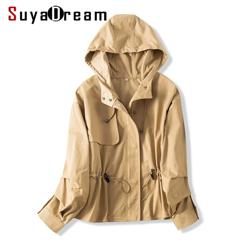 Тренч SuyaDream женский хлопковый с капюшоном плащ на молнии эластичной талией