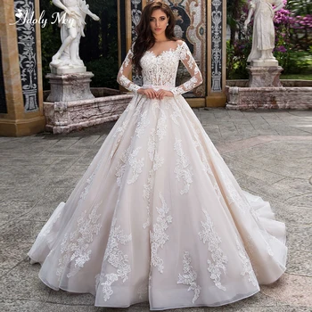 

Adoly Mey New Arrival Charming Scoop Neck Button A-Line Wedding Dresses 2020 Gorgeous Appliques Long Sleeve Vintage Bridal Gown