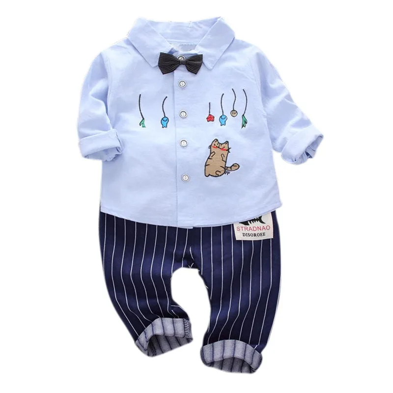 Лидер продаж, осенний комплект одежды с длинными рукавами для маленьких мальчиков, модная рубашка с рисунком кота и штаны в полоску, костюм милая детская одежда