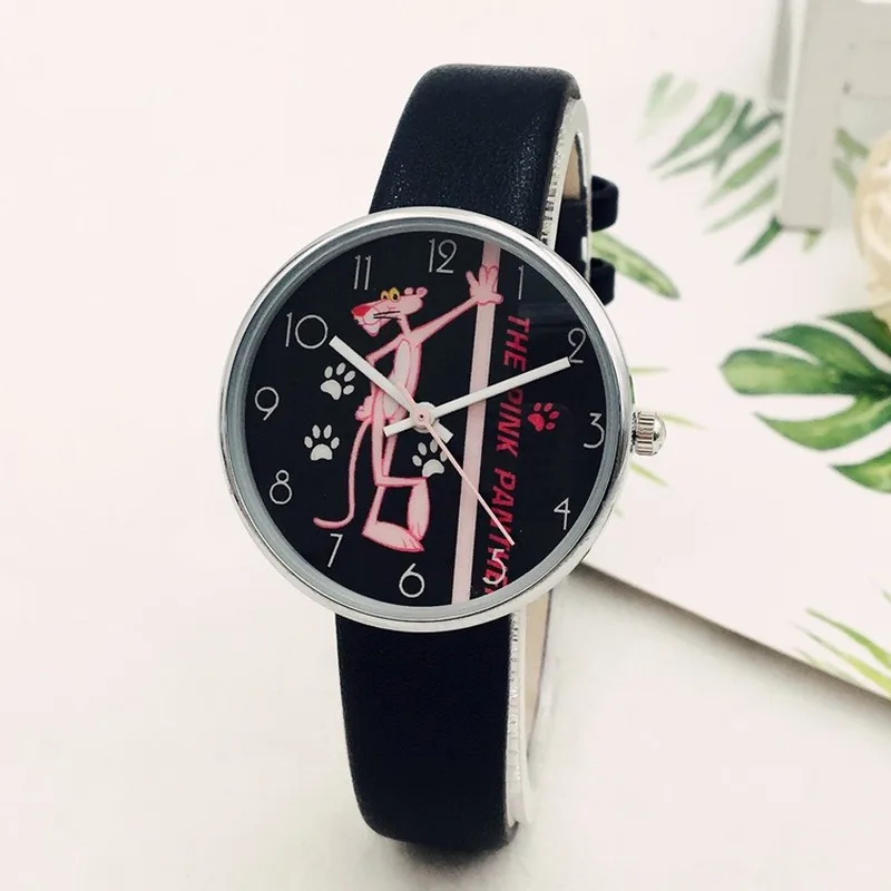 Высокое качество модные повседневные часы для девочек детские милые розовые Пантеры дизайн ремешок часы прекрасные детские кварцевые наручные часы