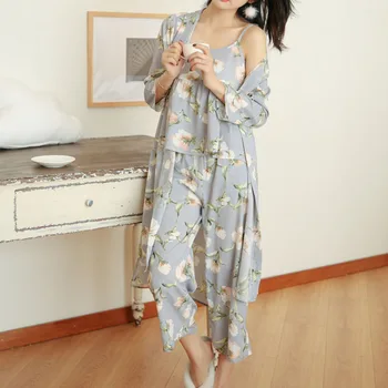 

Spring Summer Girls Flowers Printed Chic Pajama Suit Casual Simple 3piecs Lounge Wear Women Indoor Clothing Sleepwears
