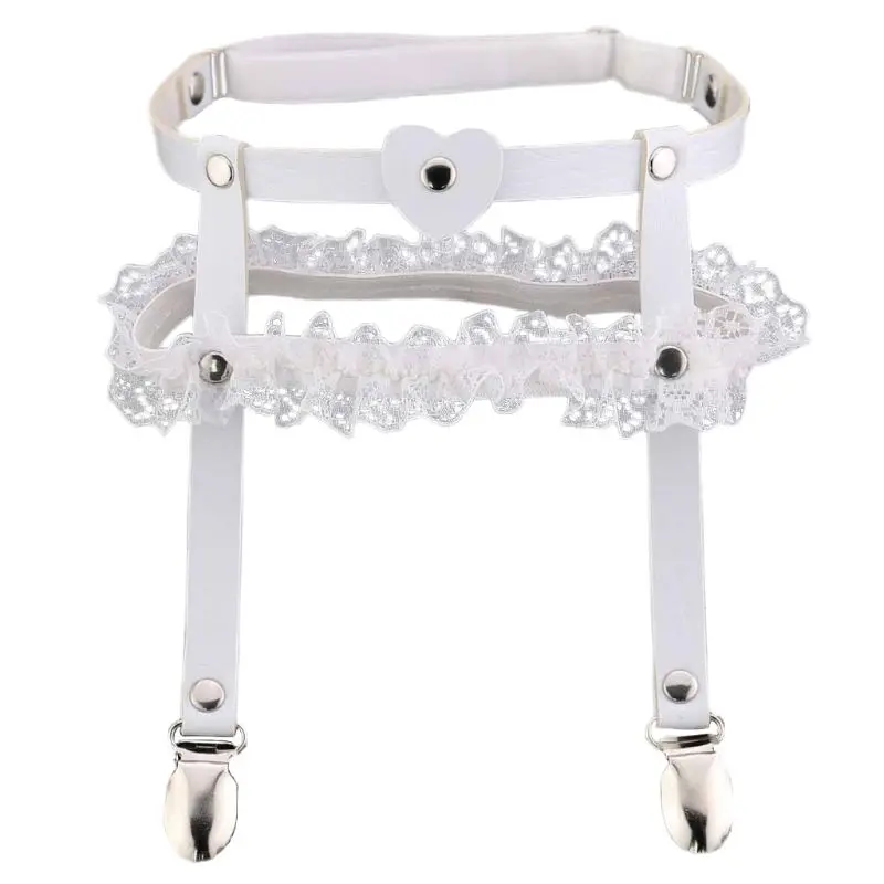 1PC Womens Faux Leather Heart Garter Belt Punk Stud Ruffles Lace Elastic Thigh Ring