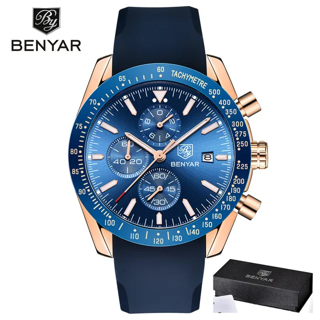 BENYAR New Brand Luxury Silicone Strap Waterproof Sports Quartz Chronograph Watch Classic Casual Men's Clock Relogio Masculino Blue gold