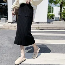 Осенняя высокая эластичная прямая Элегантная трикотажная юбка большого размера Женская Милая сексуальная Длинная толстая зимняя юбка с карманами