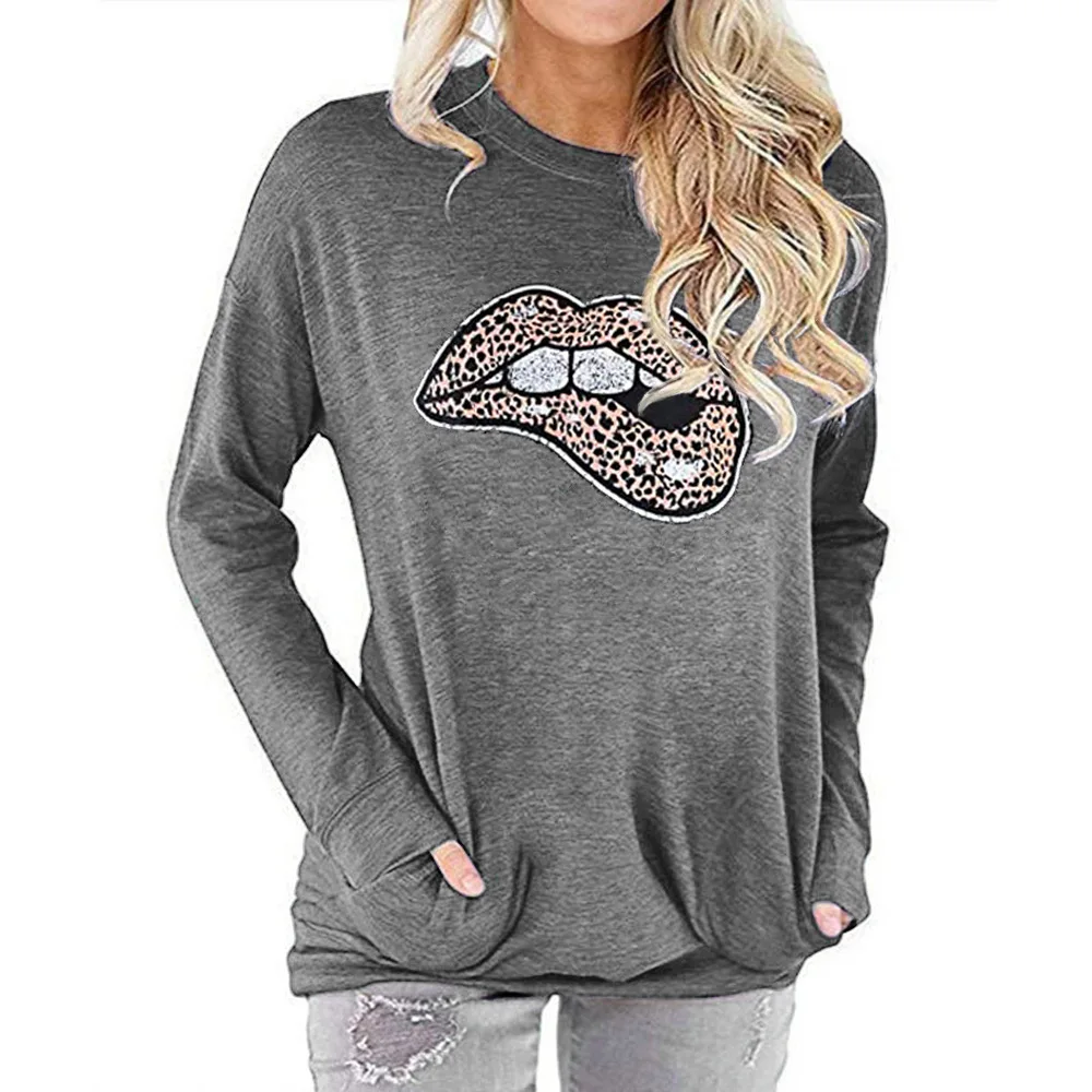 

2020 Printed Round Neck Bat Long Sleeve T-Shirt Women Lip Pattern Pocket Casual Cotton Top Hot Sale