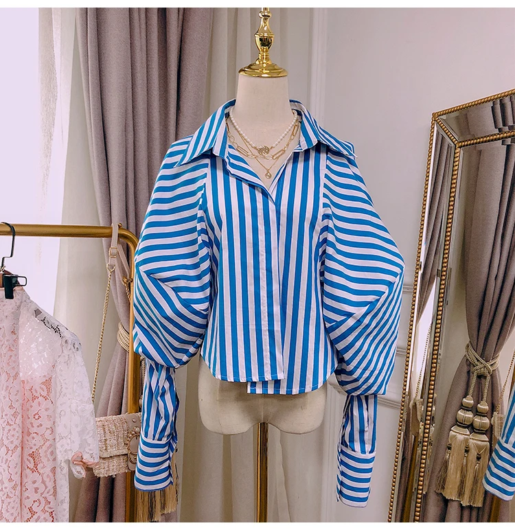 YEAR New Palace Puff Sleeves Women Blouse Striped Asymmetrical Casual Lady Shirt Clothes FOR Street