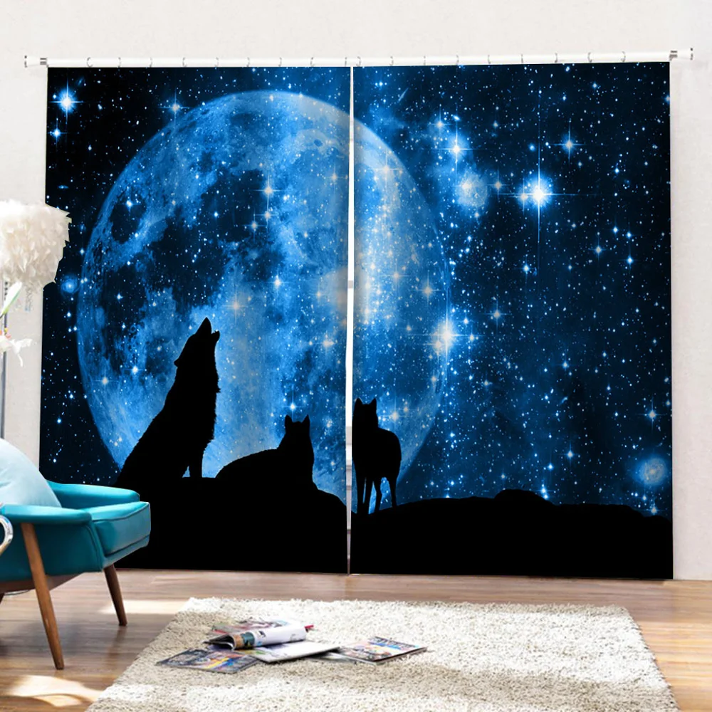 Wolf Night Sky Moon Stars Photo Print Window 3D Curtain Blockout Drapes Fabric 