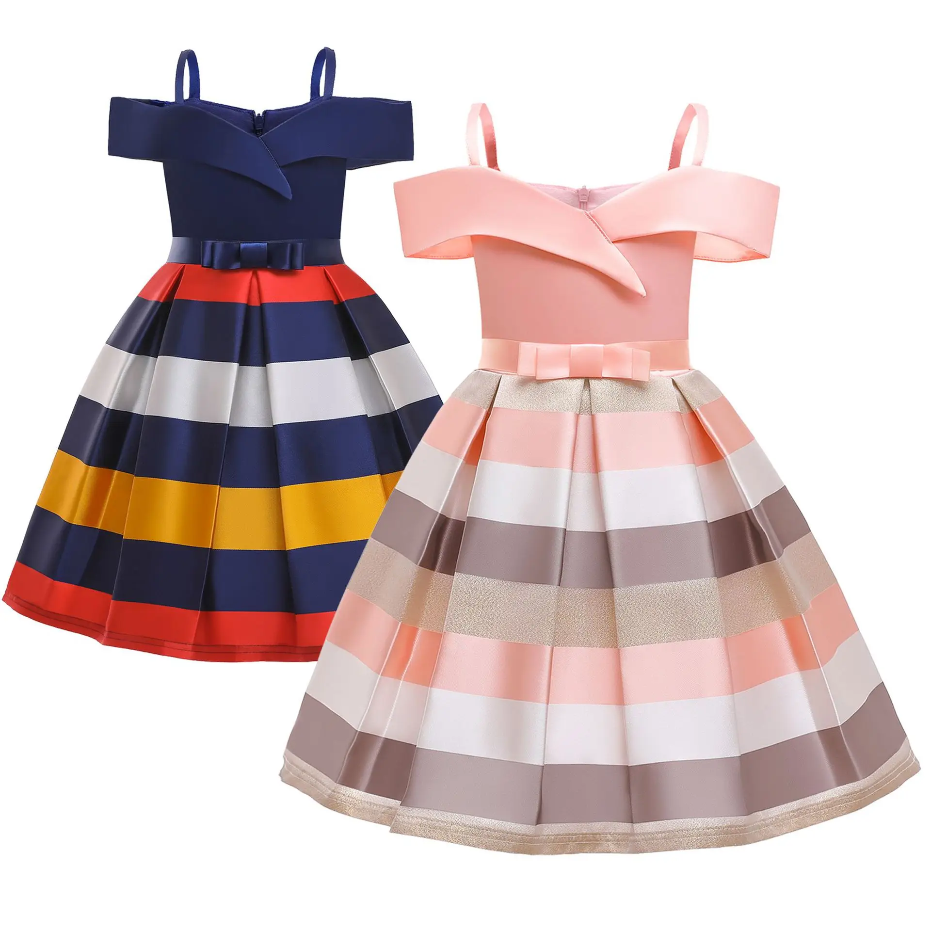 

3-10 Year Girls Striped Dresses Kid Birthday Party Evening Gowns Child's Wedding Pageant Off Shoulder Formal Dress Vestido Nia