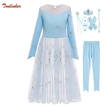 

New Kids Elsa Anna Costumes For Girls Elza Tulle Dress With Pants Accessor Princess Girls Halloween Party Dress 2-10 Years Blue