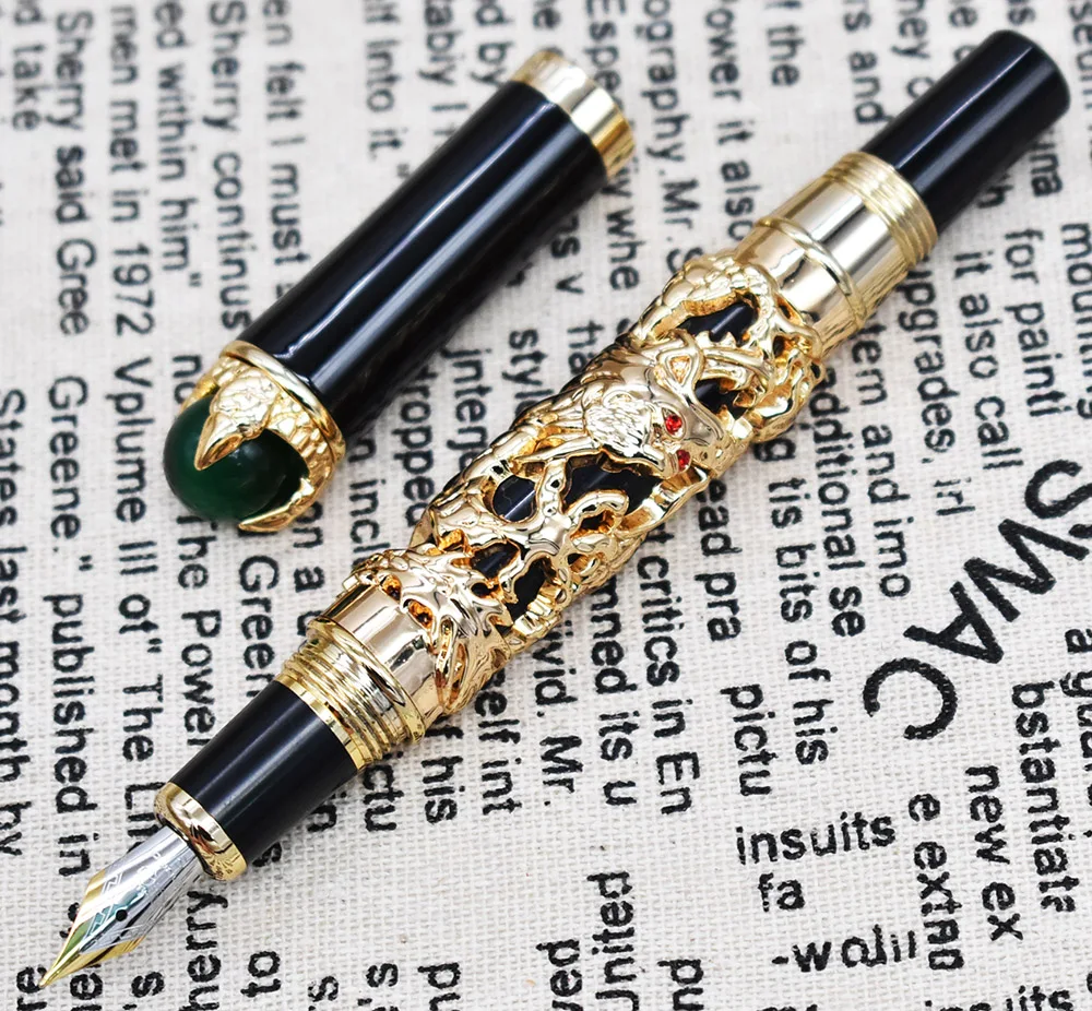 Jinhao Dragon King Vintage Fountain Pen , Green Jewelry Metal Embossing , Noble Golden Color Business Office School Supplies jinhao noble dragon king 18kgp m nib fountain pen metal embossing green jewelry on top gray drawing refillable ink pen