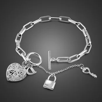 

Fashionable silver heart-shaped pendant bracelet 925 Sterling silver women coarse hand catenary Lady jewelry accessories gift