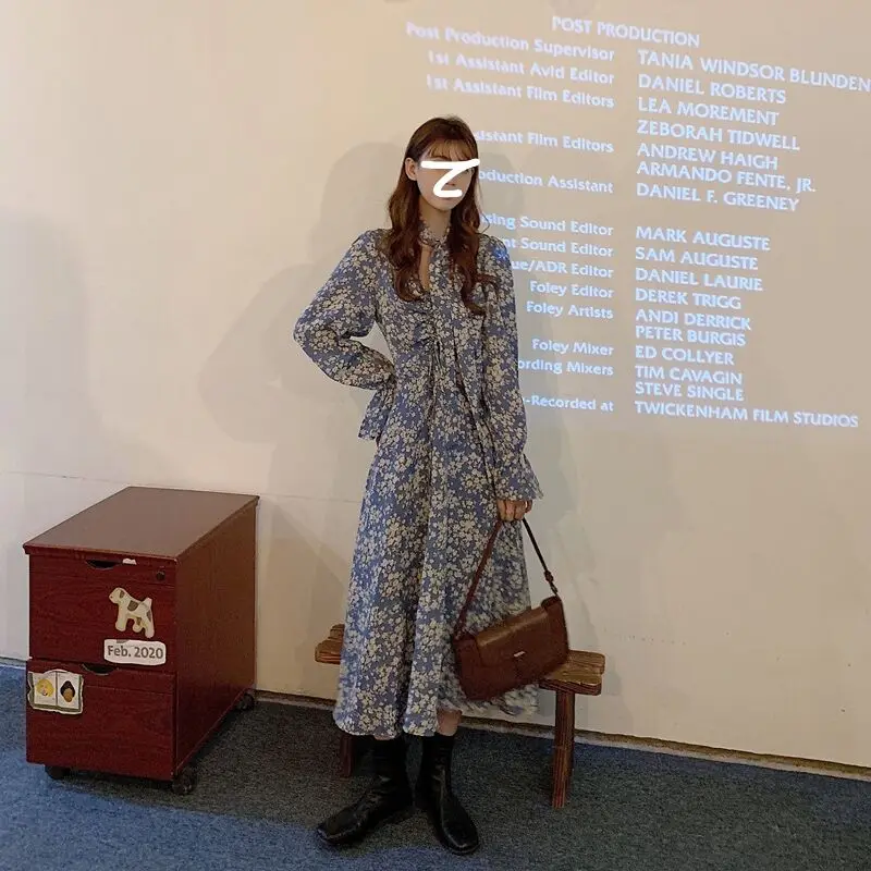 2020 New Autumn Female Chiffon Long Dress Women Long Sleeve Holiday Boho Beach Dress Vintage Floral Print Party Vestidos Robe