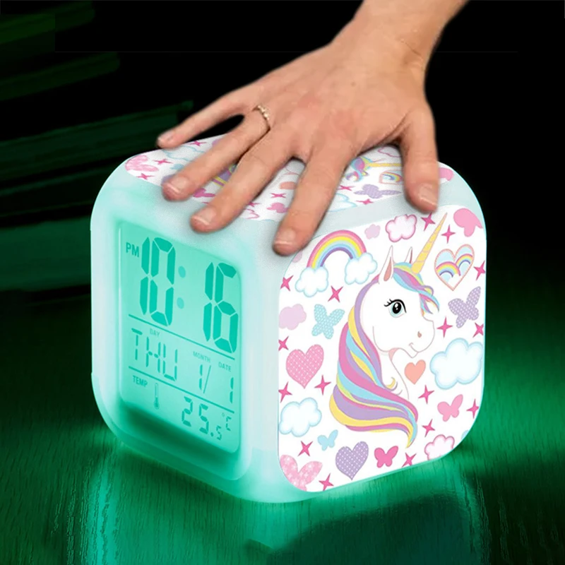 Reloj de alarma luz Unicorn LED cambio de Color Digital Multi-función dormitorio niños brillante reloj electrónico para el regalo de los niños