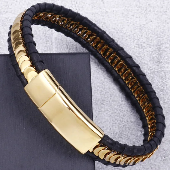 Gold Color Персонализированный кожаный браслет для мужчин с магнитной застежкой из нержавеющей стали мужские браслеты и браслеты ювелирные изделия для дружбы - Окраска металла: Gold Color