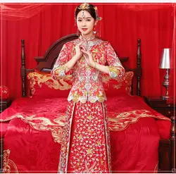 Красная Невеста золото горный хрусталь вышивка дракон феникс хвост Винтаж Свадьба Ципао традиционное китайское платье длинный Ципао