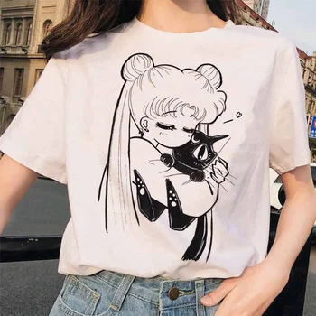 

90s Fashion funny T Shirt Harajuku clothes Tshirt Aesthetic cat Anime Women Cute Female T-shirt Kawaii Sailor Moon Tees