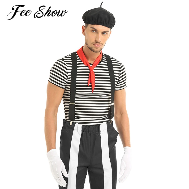 Men/'s French Mime Artist Fancy Dress Costume Street Entertainer Stag Fun Theme