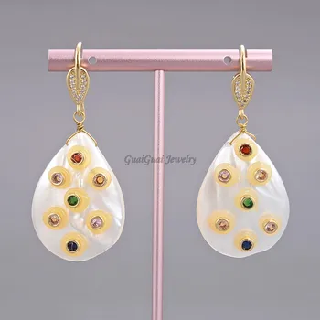 

GG Jewelry Teardrop White Shell Mop Trimmed Multi Color Cz Dangle Hook Earrings