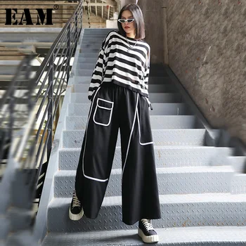 

[EAM] High Elastic Waist Black Pocket Split Long Wide Leg Trousers New Loose Fit Pants Women Fashion Spring Autumn 2020 1X812