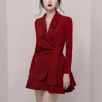 

HAMALIEL Runway Women Suit Coat Two Piece Set Autumn Winter Office Ladies Notched Lace Up Jacket Coat + Mini Pleated Skirt Set