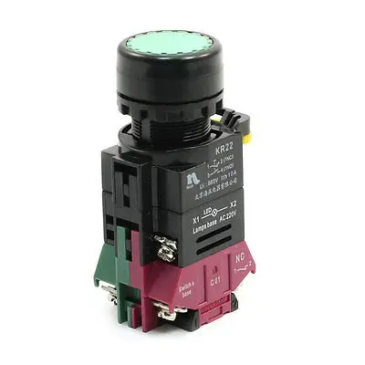 

NO NC AC 220V LED Light Self Locking Green Push Button Switch 600V 10A