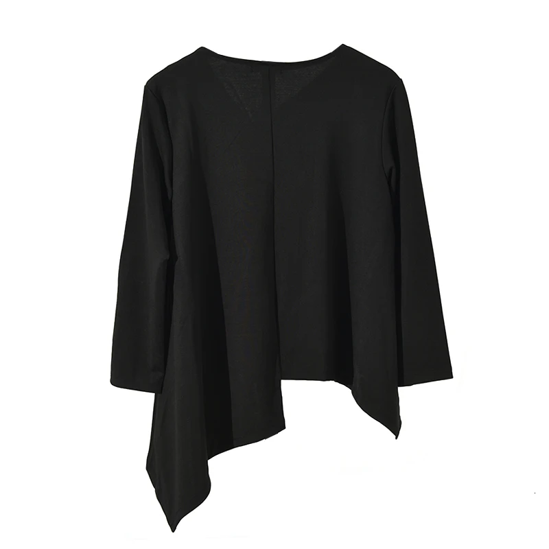 [EAM] женская черная короткая Асимметричная длинная футболка большого размера Новая модная футболка с v-образным вырезом и длинным рукавом весна осень 1B348