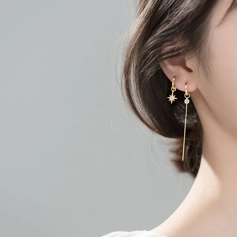 Silver Color Star Tassel Asymmetric Hoop Earrings Women Round Disc Gold Earrings CZ Wedding Jewelry S-E1344