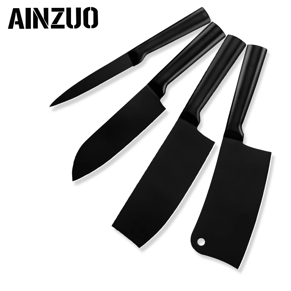 C.4 pcs set AINZUO кухонный нож 4cr14 из нержавеющей стали держатель ножей блок стенд утилита Santoku разделочные ножи накири точилка ножницы - Цвет: C.4 pcs set