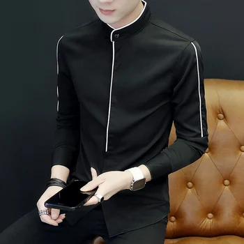 

2020 Men's Stand Collar Stitching Long-Sleeved Shirt Youth Autumn New Fashion Handsome Stitching Cool Shirt