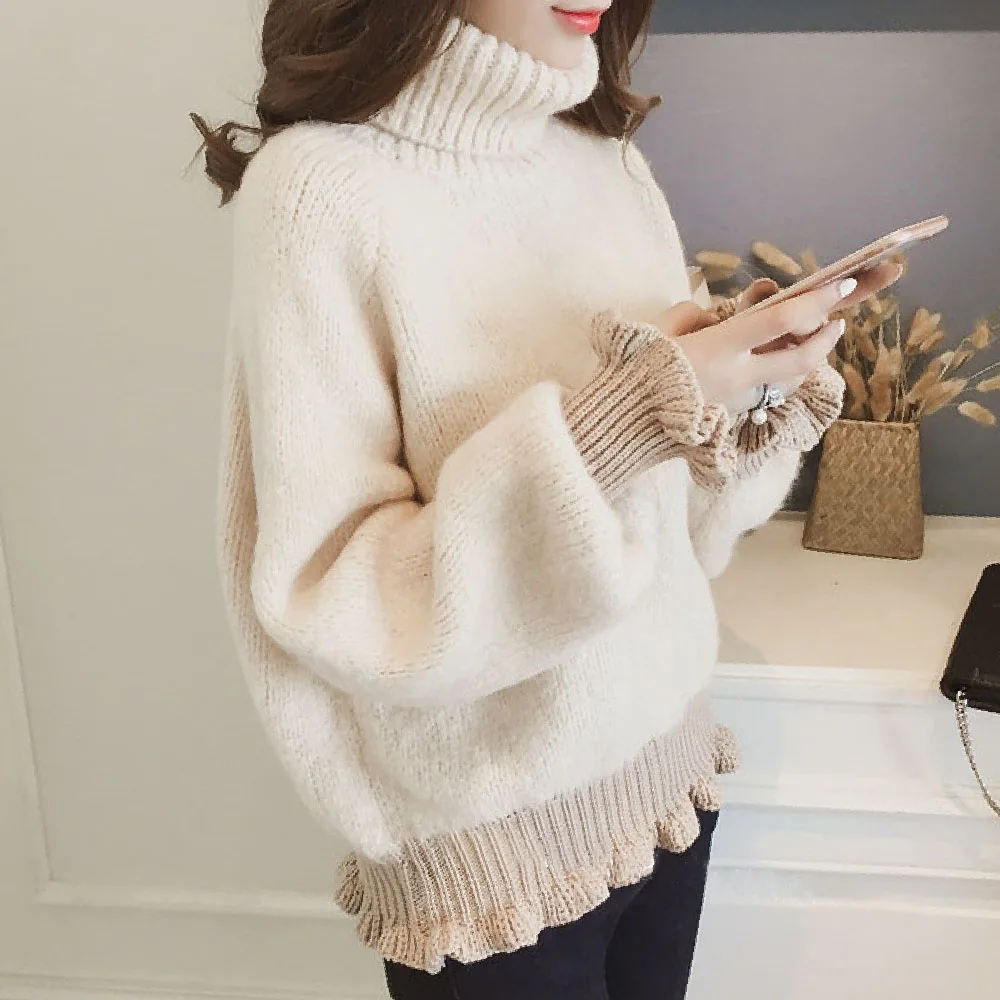 

Autumn Short Sweater Pullover New Turtleneck Solid Color Fashionable Casual 2020 Female Lantern Sleeve Elegent Knit