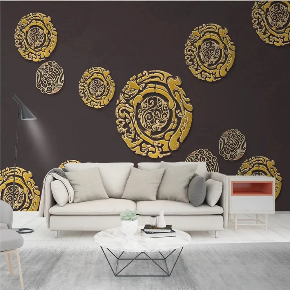 

Milofei manufacturers custom 3d three-dimensional golden dragon pattern circle geometric background wallpaper mural